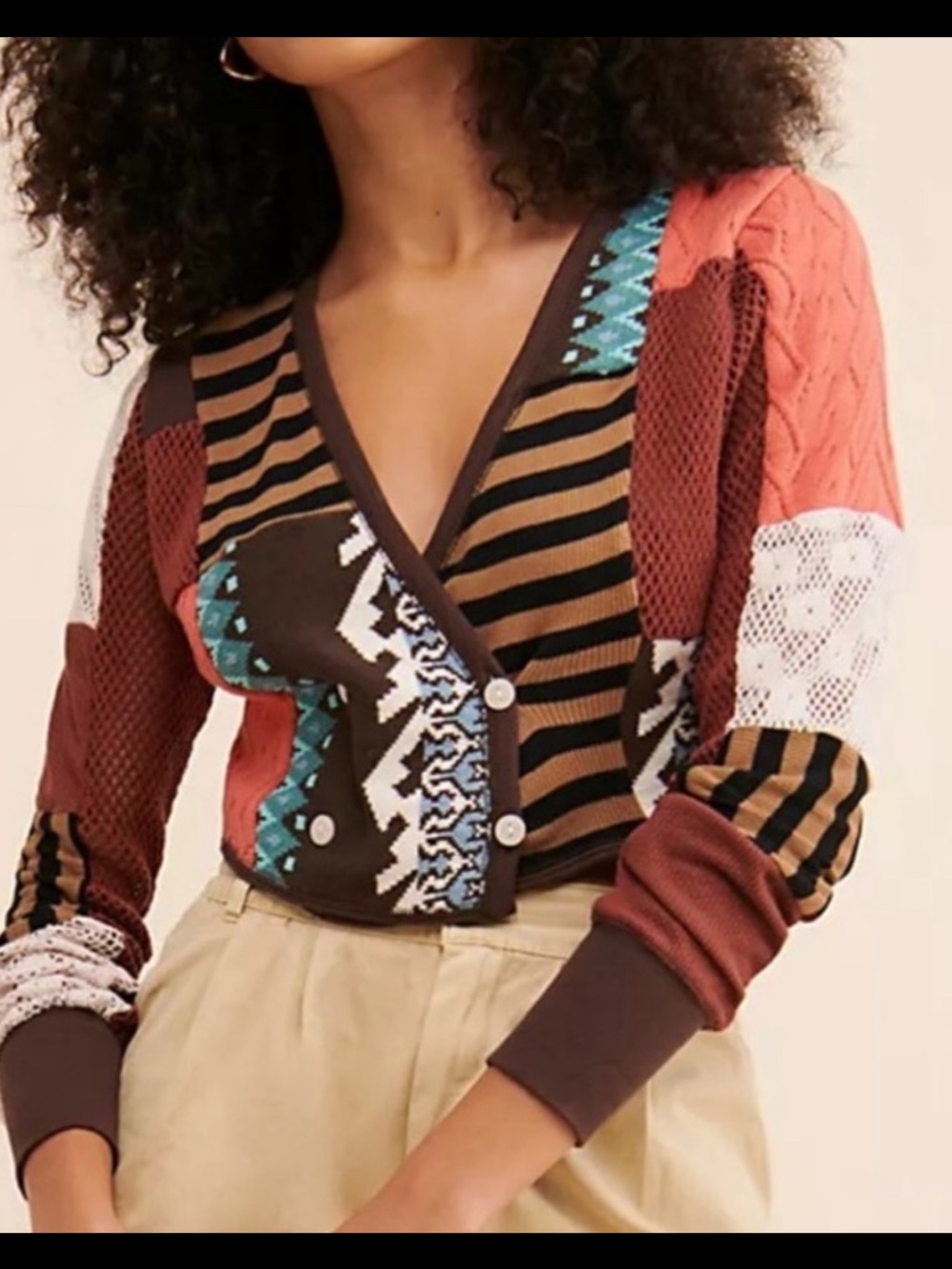 FREE PEOPLE PIECES OF ME LONG SLEEVE WRAP STYLE PATCHWORK TOP XS S